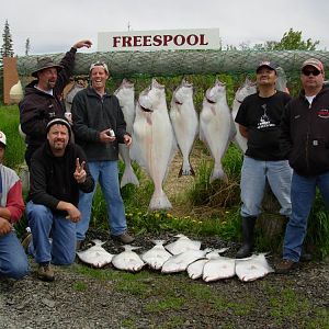 A picture of all of us with our catch of butts from the cook inlet. We launched at Anchor point. From left to right is me(cablecarjim),Tony,behind is