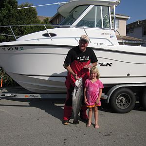 My 6yr old daughter caught this nice little 26 lb White Seabass while fishing with dad.   A day I'll remember.