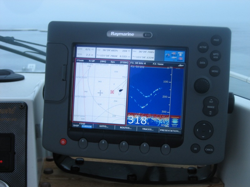 Monterey Bay, July 2010, sonar tracking 2 blue whales below and to the side of the boat